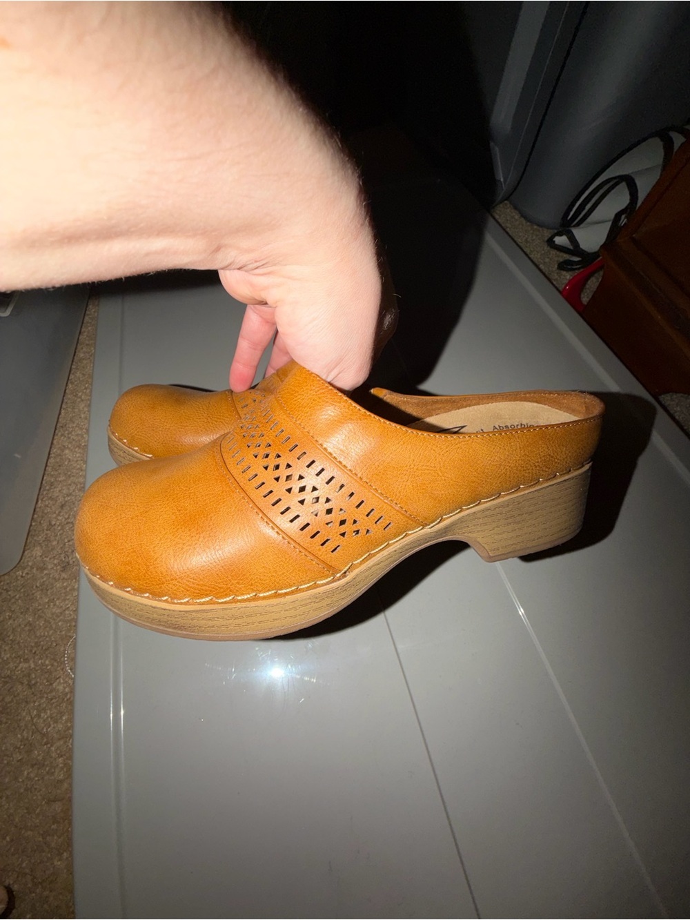 Women’s Tan Slip-On Clog with Perforated Strap Detail